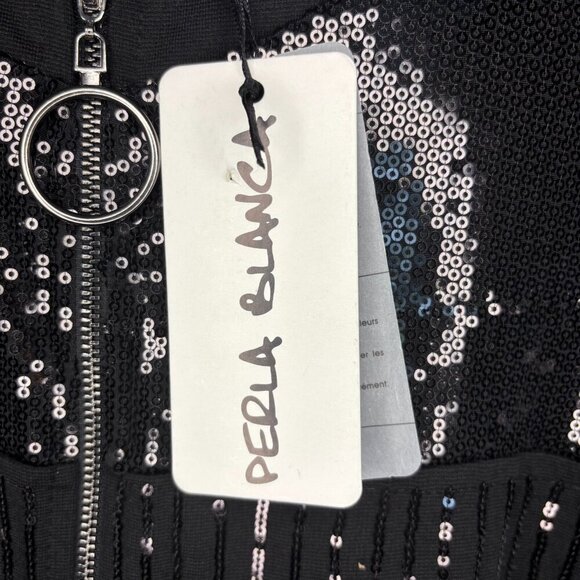 PERLA BLANCA NEW Dress Women Large Black Sequin Long Sleeve Full Zip Stretch - Picture 5 of 6